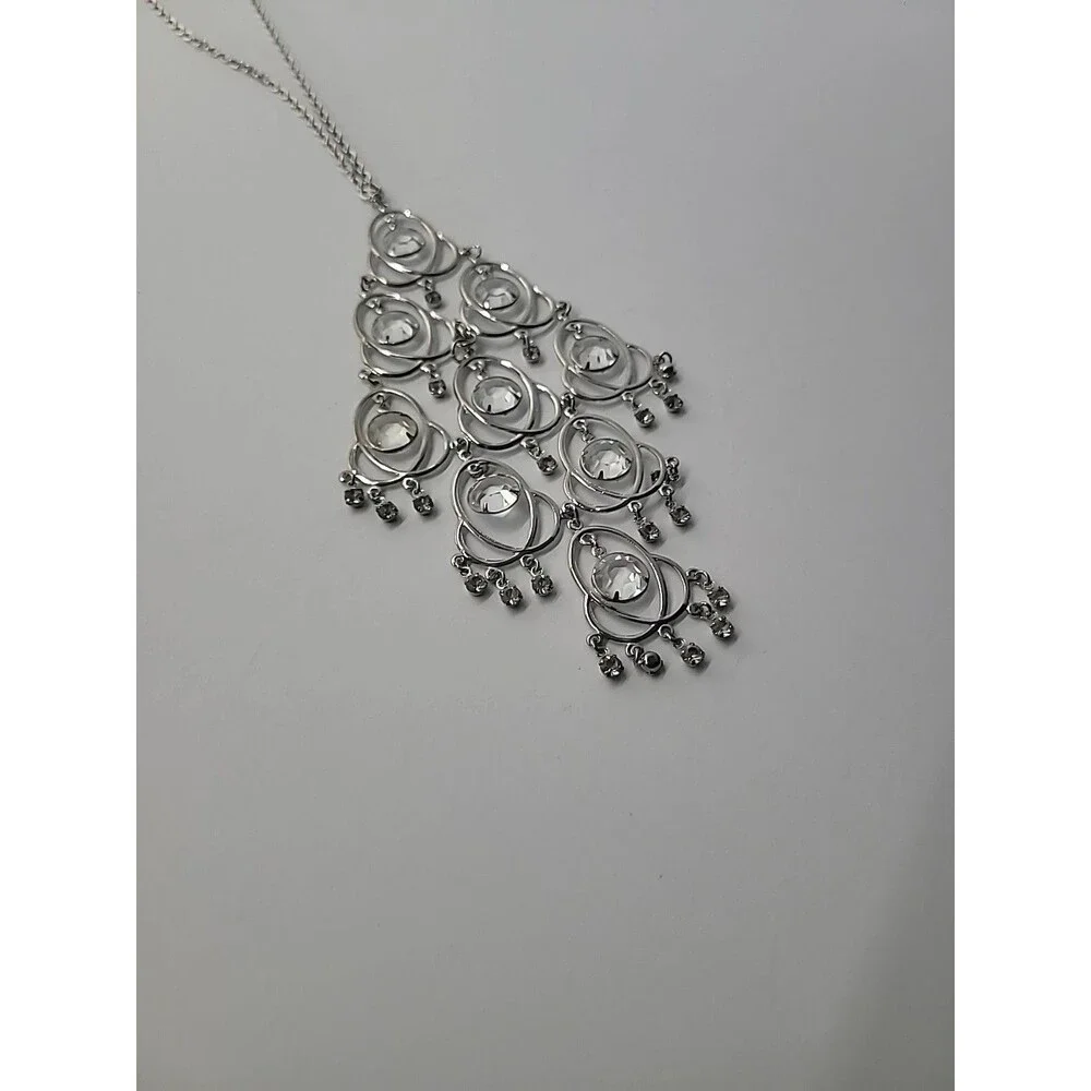 Silver‎ Tone Chandelier Necklace Clear Rhinestone Statement Dangle Bib Necklace